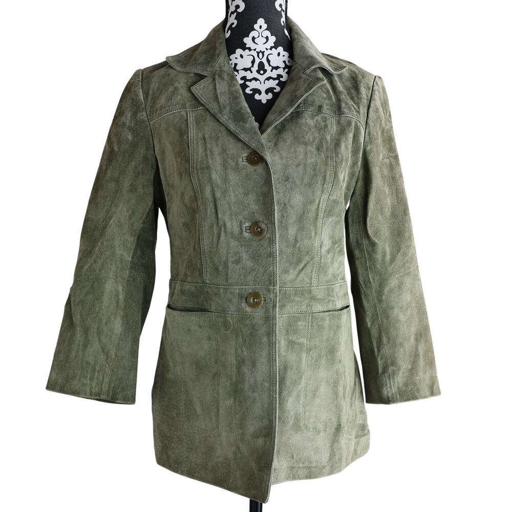 Women's Vintage Anonymous John Carlisle Green Leather Button Jacket - M